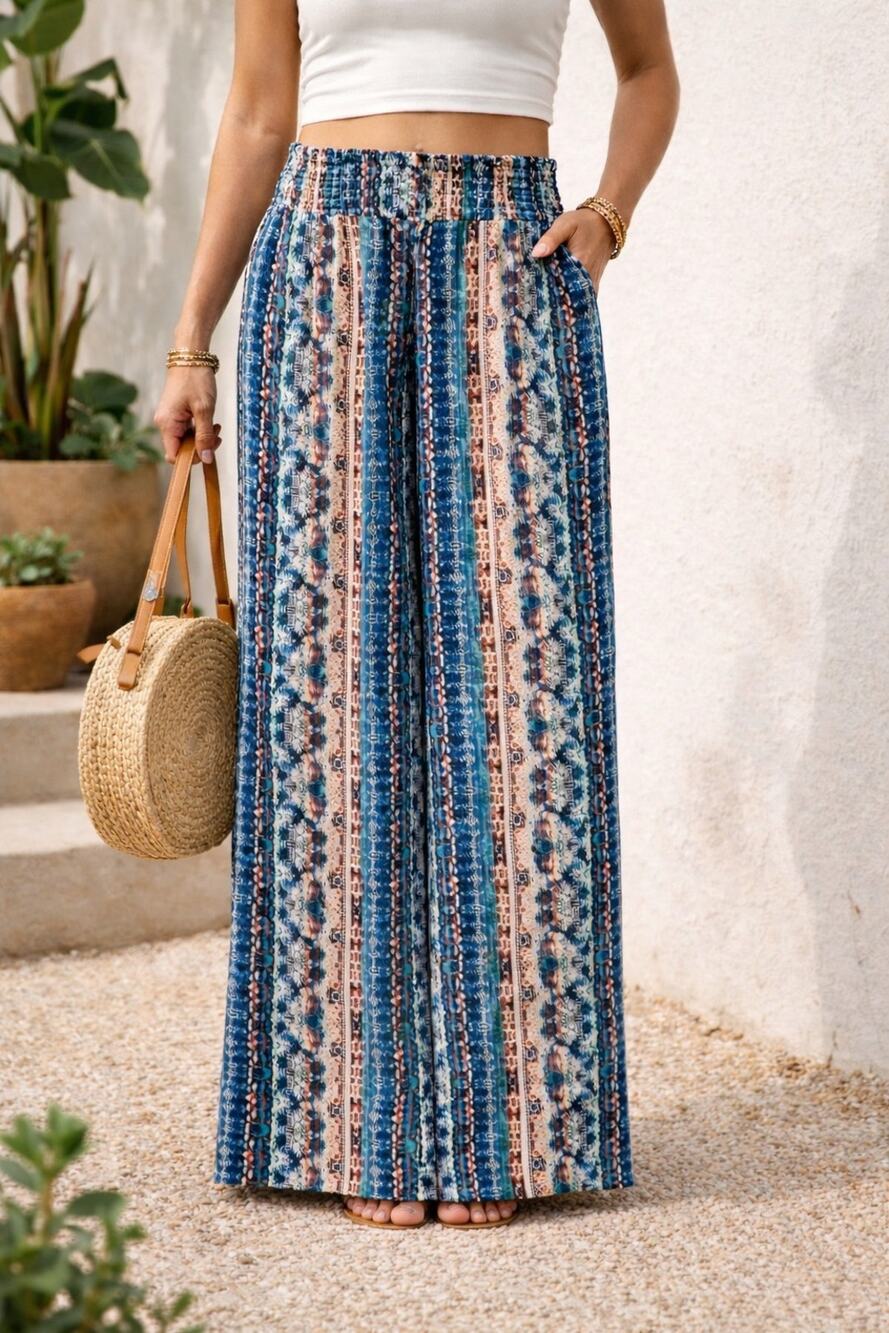 Wonder XXL Women's Blue Rust Geometric Wide Leg Morocco Pants Boho Flowy Hippie